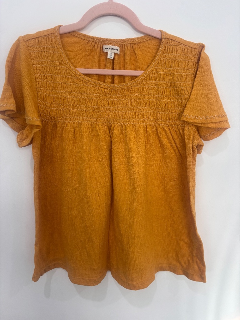Max Studio Mustard Yellow Smocked Yoke Top Small Flutter Sleeve Blouse